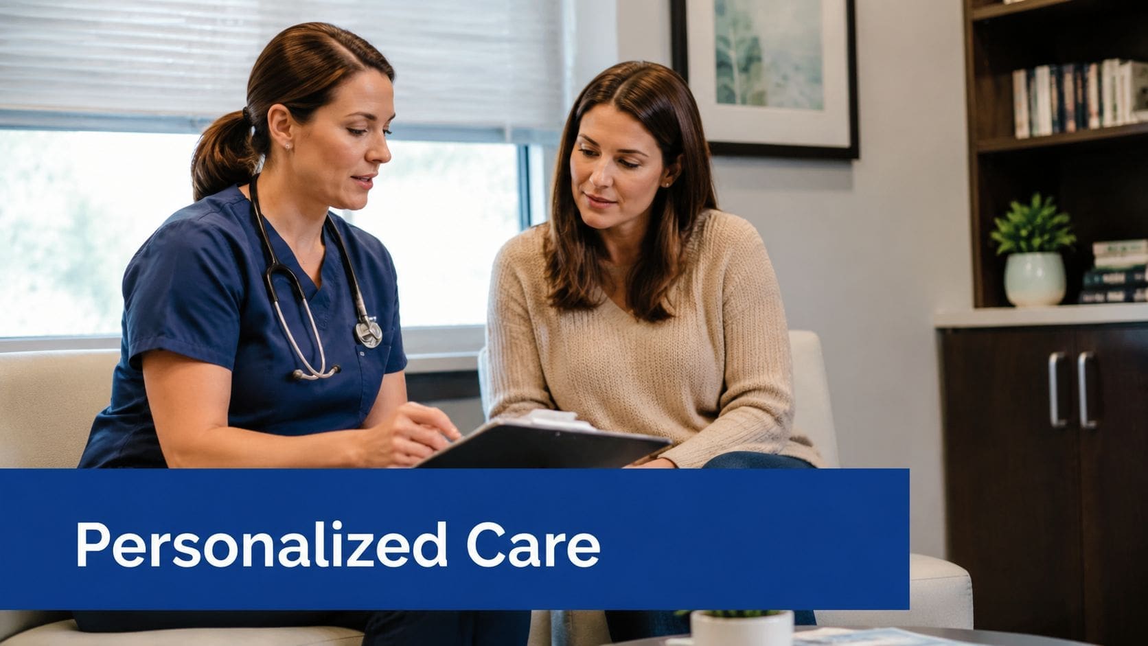 A healthcare professional in scrubs consulting with a patient in an office setting about medical care.
