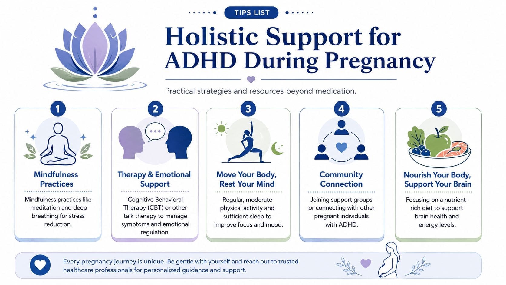 An infographic titled Holistic Support for ADHD During Pregnancy offering five practical tips beyond medication.