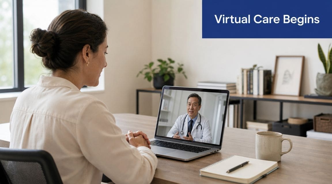 A woman sits at a desk during a virtual doctor's appointment on her laptop computer.