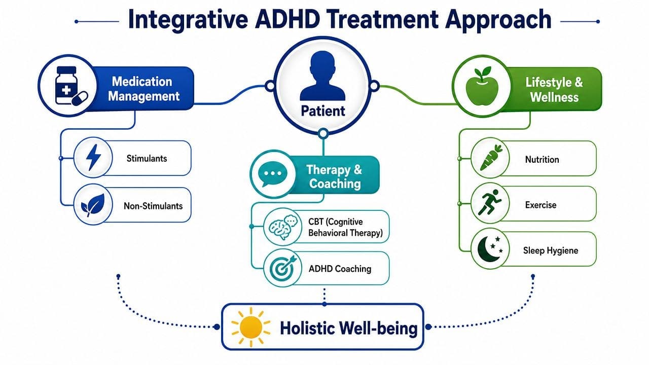 A diagram illustrating an integrative ADHD treatment approach including medication management, therapy, coaching, and lifestyle wellness.