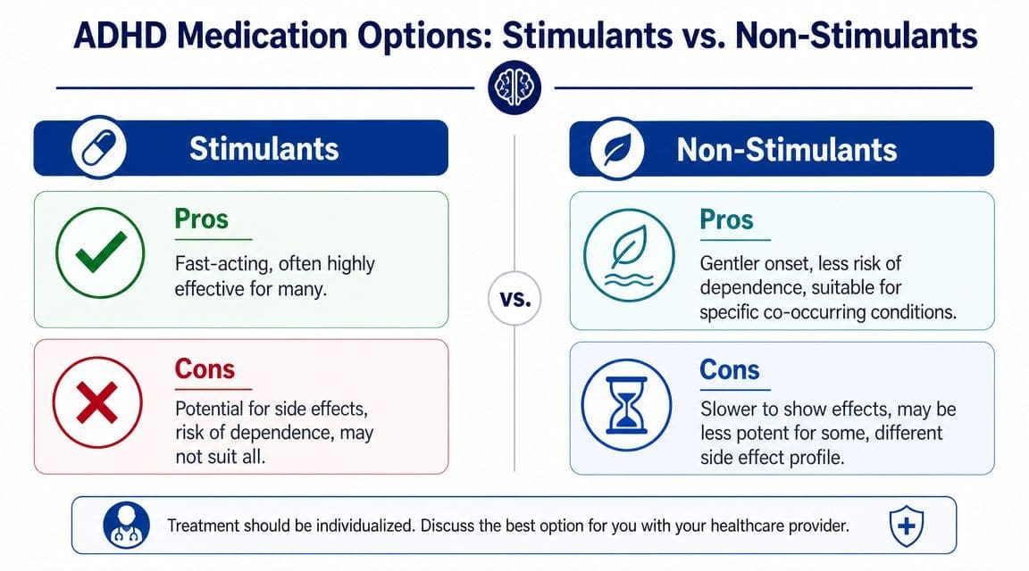 A comparison chart outlining the pros and cons of stimulant and non-stimulant medications for ADHD treatment.