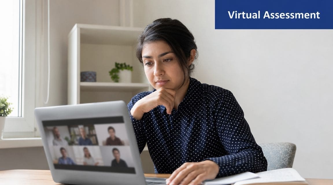A young woman sits at a desk, looking intently at her laptop during a virtual assessment meeting.