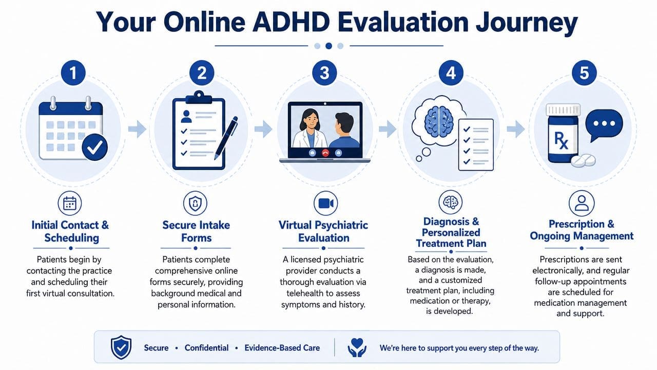 A five-step infographic showing the online process for receiving an ADHD evaluation, diagnosis, and treatment plan.