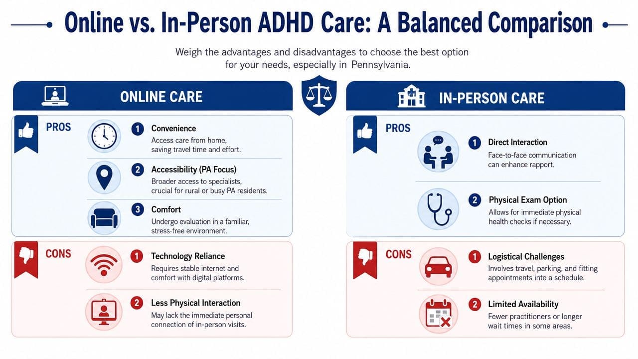 A comparison infographic detailing the pros and cons of online versus in-person ADHD care in Pennsylvania.