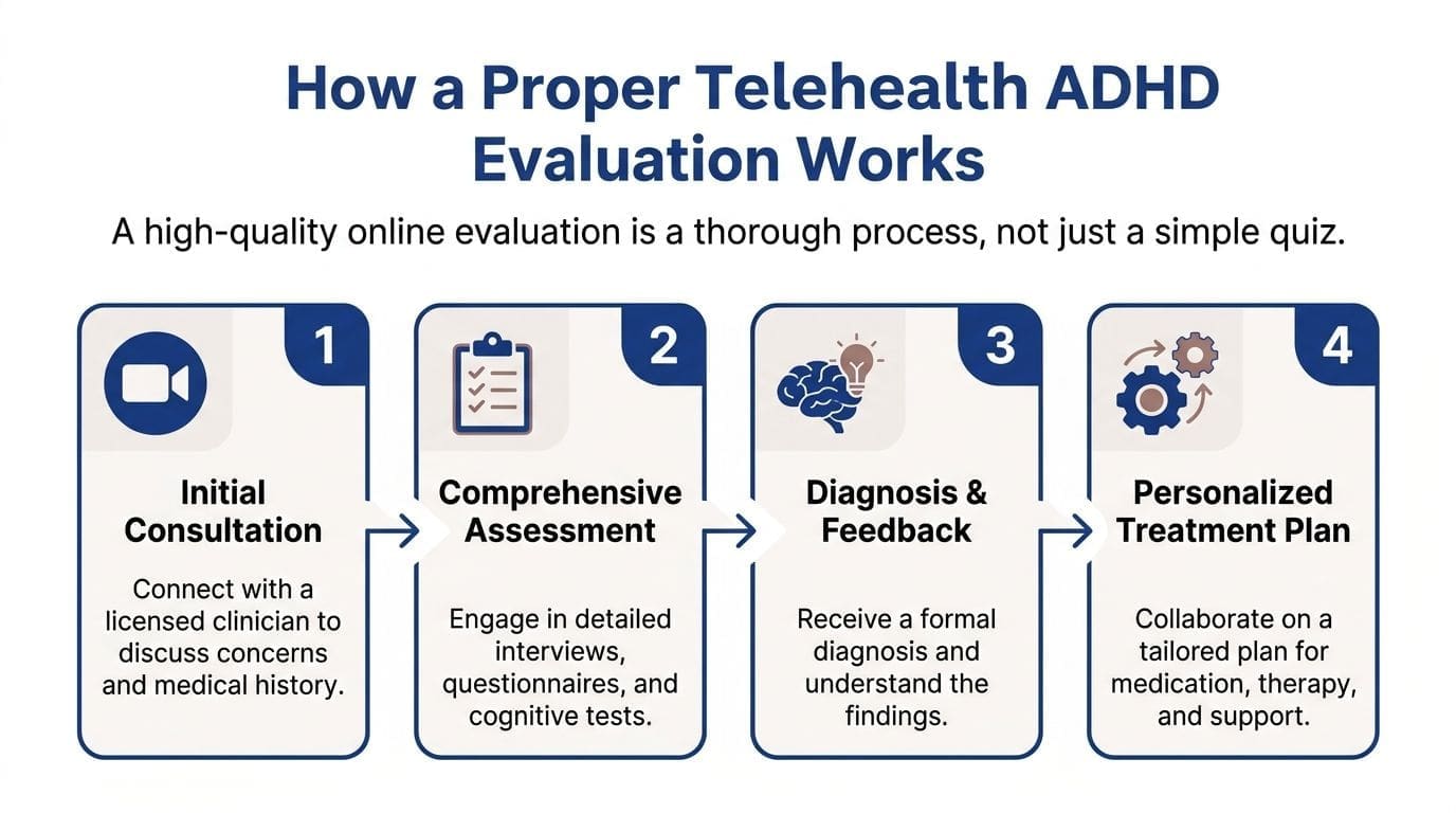 A four-step infographic illustrating the professional process of receiving a formal ADHD evaluation via telehealth.