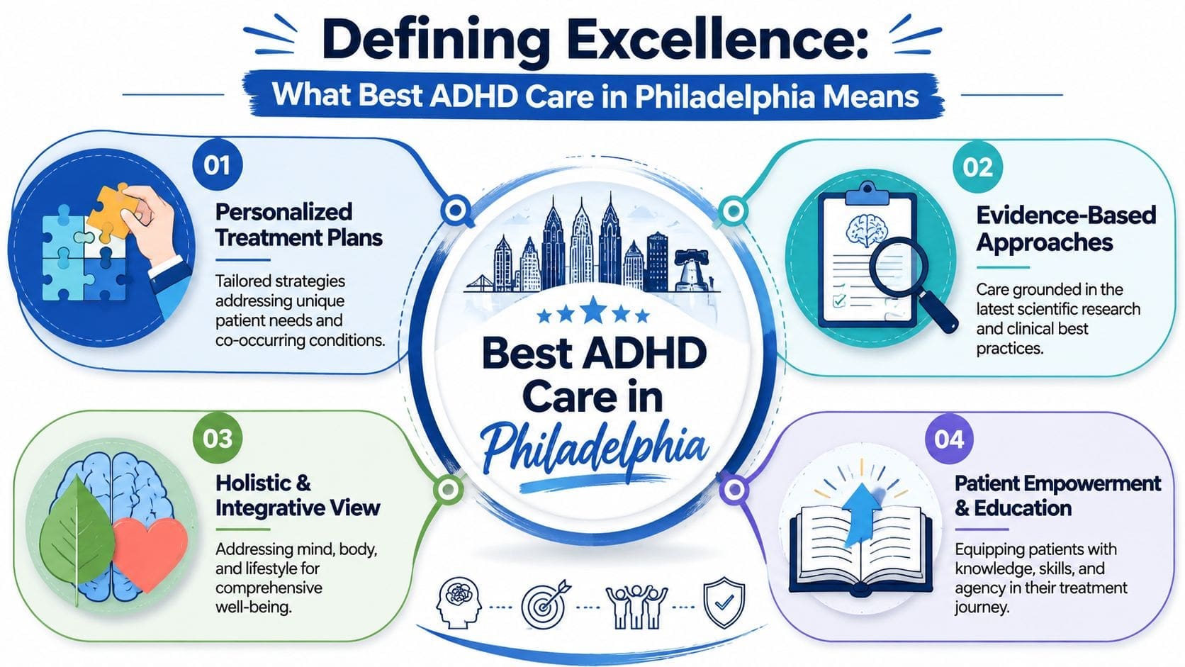 An infographic titled Defining Excellence showing four key components of high-quality ADHD care in Philadelphia.