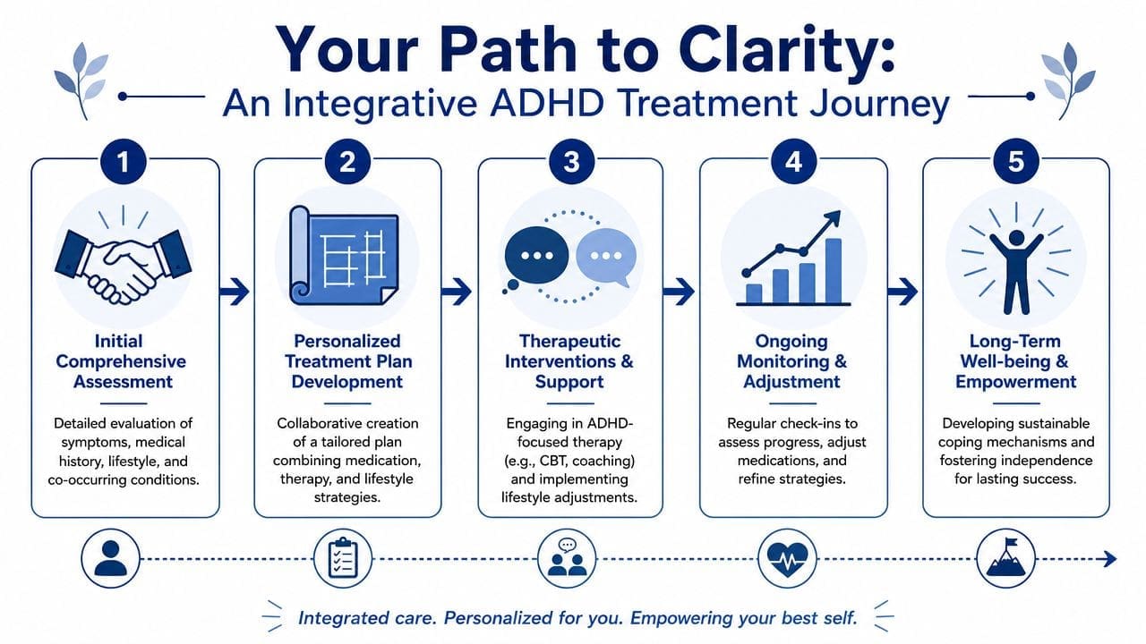 A five-step infographic illustrating an integrative ADHD treatment journey, from initial assessment to long-term empowerment.