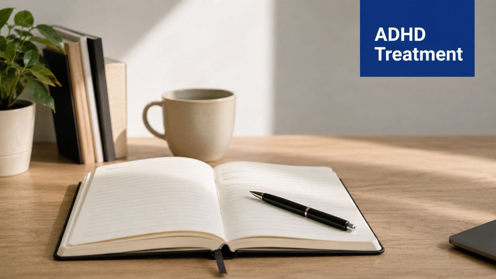An open notebook with a pen, a coffee mug, and books on a wooden desk, representing focus.