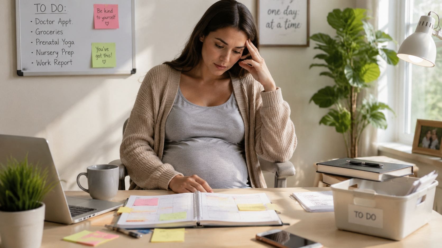 A pregnant woman looks stressed while sitting at a desk and reviewing her schedule and work tasks.