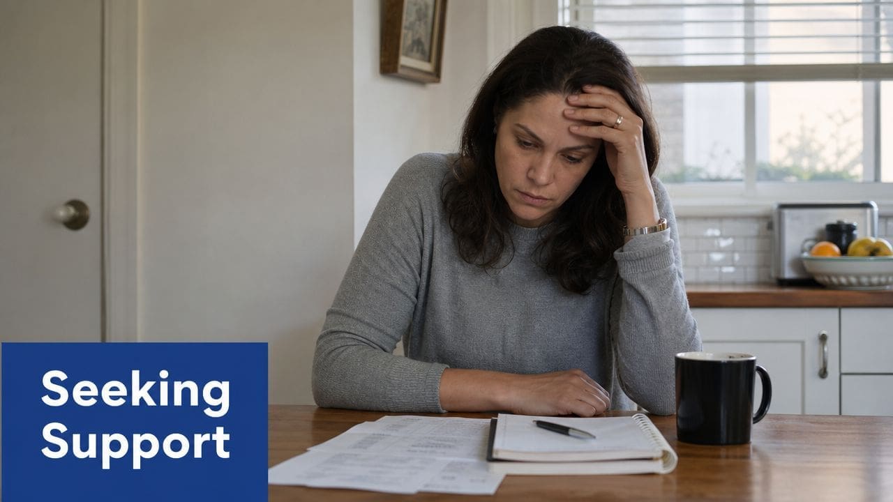 A concerned woman sitting at a table with papers and a notebook, reflecting on financial challenges.