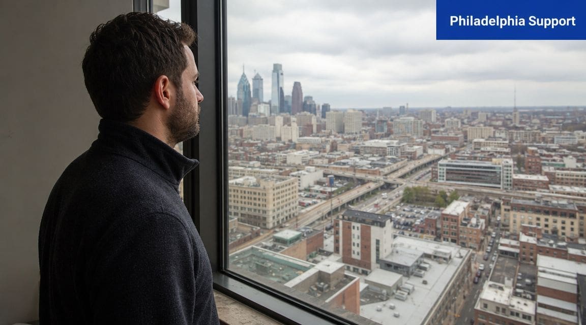 A man in a dark sweater looks out a large window at the Philadelphia city skyline.