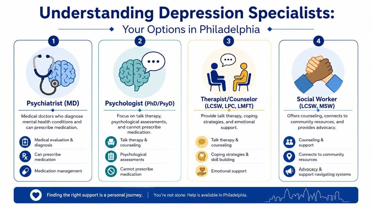 An infographic titled Understanding Depression Specialists in Philadelphia, detailing the roles of psychiatrists, psychologists, therapists, and social workers.