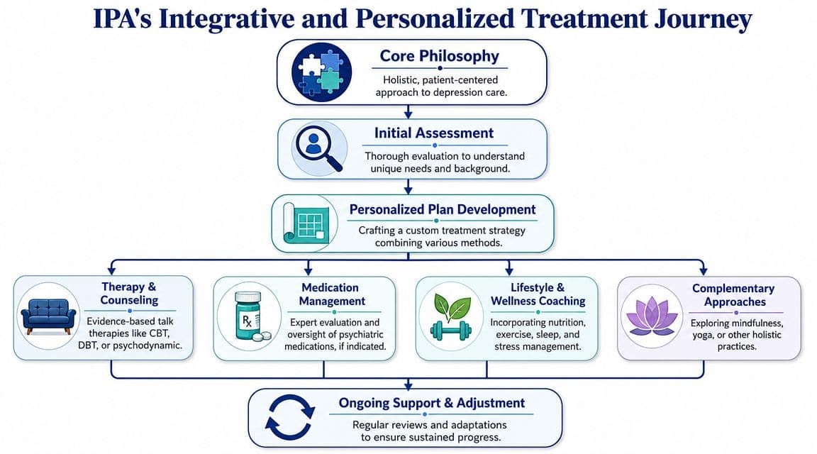 A flowchart showing IPA's integrative and personalized treatment journey for individuals seeking depression care.