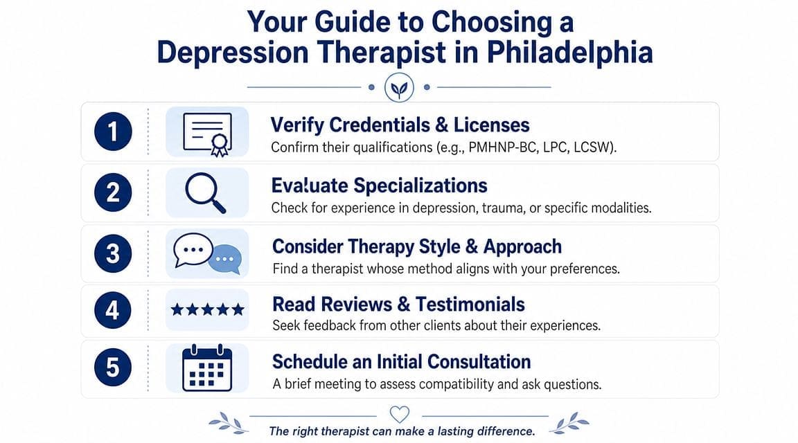 A numbered infographic guiding users on how to choose a depression therapist in Philadelphia.