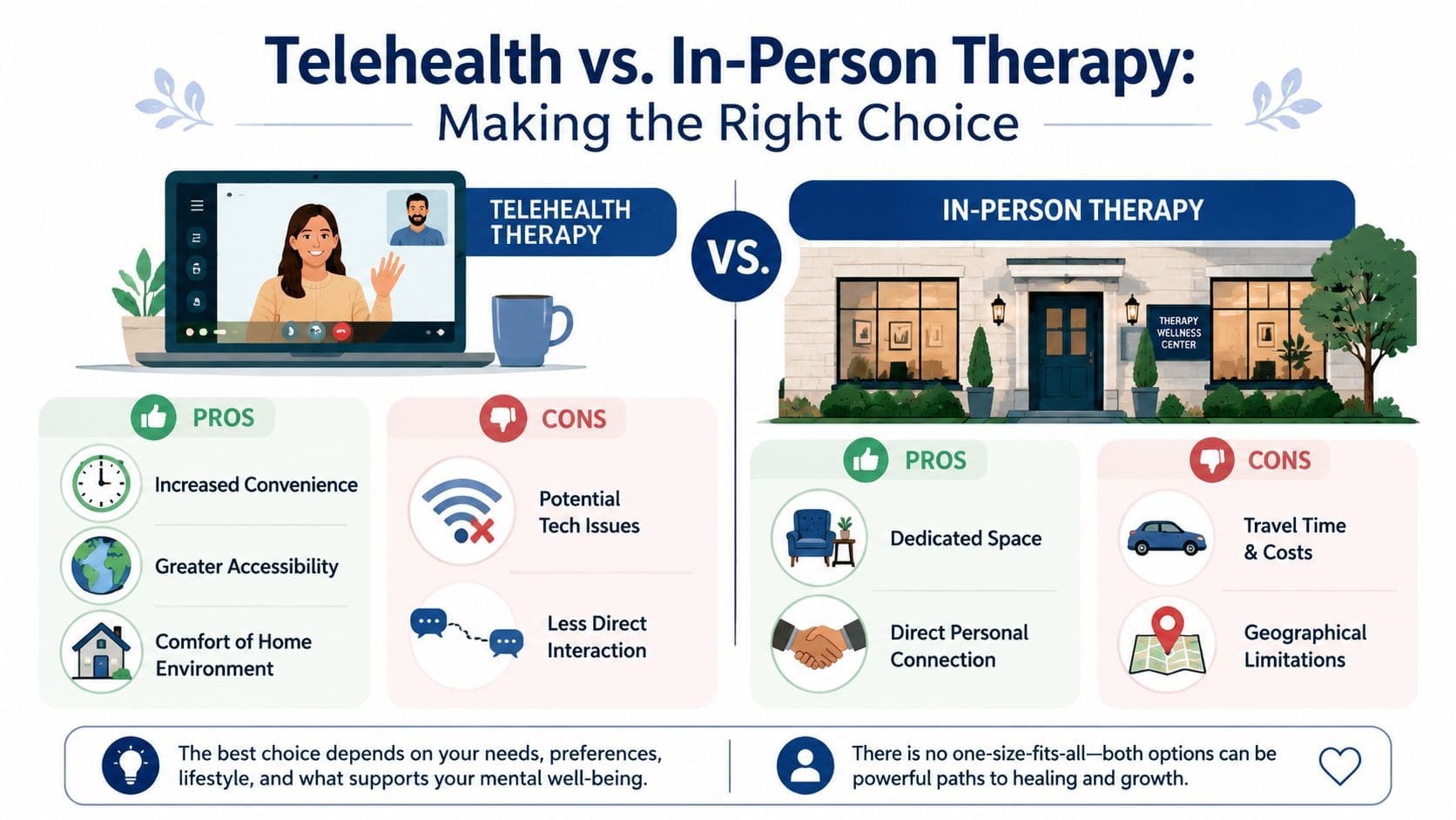 An infographic comparing pros and cons of telehealth versus in-person therapy for mental health support.