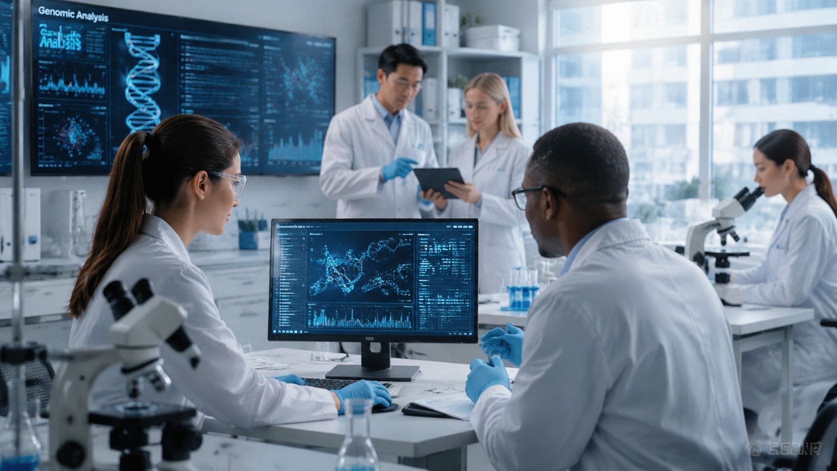 A team of scientists in a laboratory conducting genomic analysis and genetic research with digital technology.