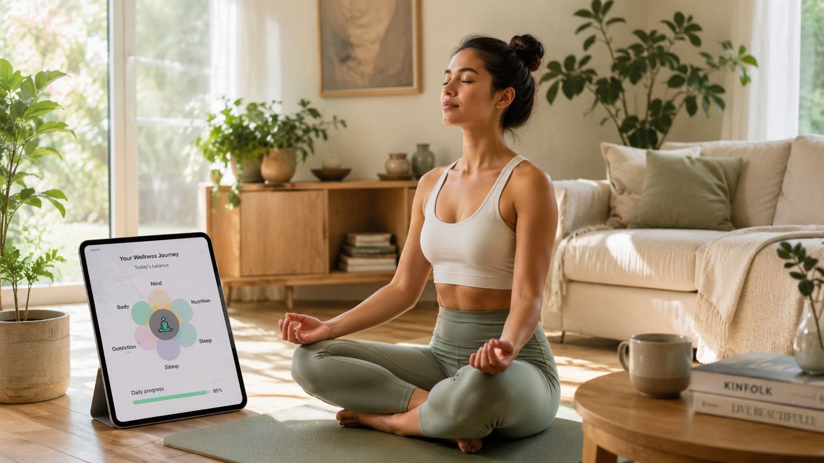 A woman meditating on a mat next to a tablet displaying wellness and health tracking data.