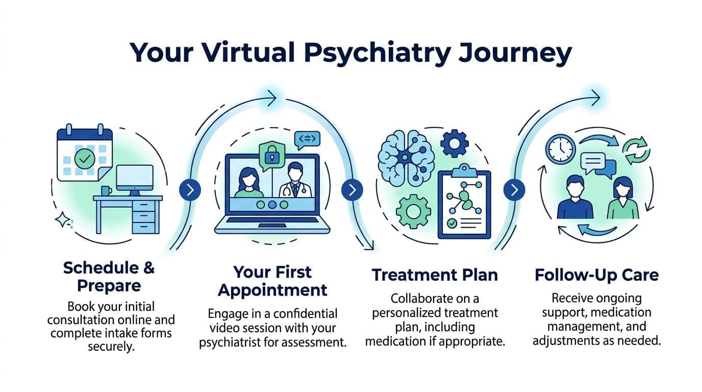 A four-step infographic illustrating the virtual psychiatry journey from initial scheduling to ongoing follow-up care.