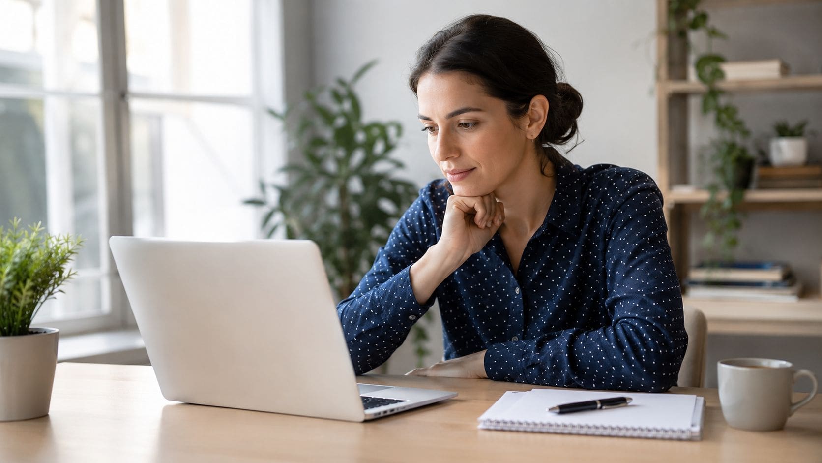 A professional young woman sits at a wooden desk while looking thoughtfully at her laptop screen.