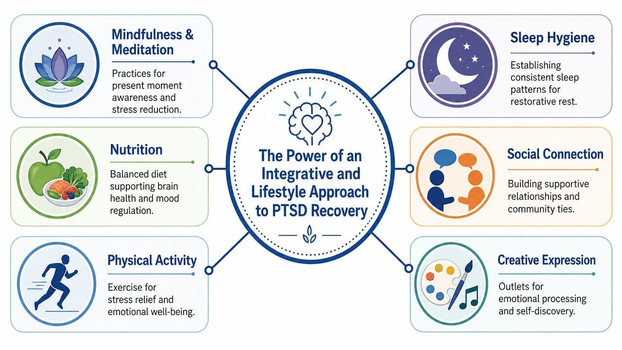 A diagram outlining lifestyle approaches for PTSD recovery including mindfulness, nutrition, exercise, sleep, connection, and creative expression.