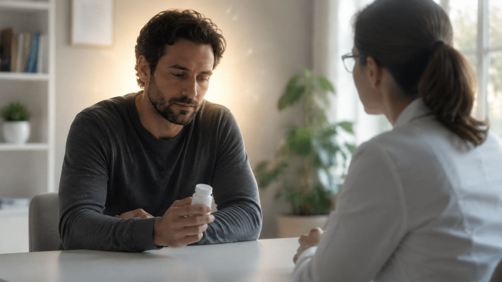 A man sits with a healthcare provider discussing his medication for ptsd treatment options in a clinic.