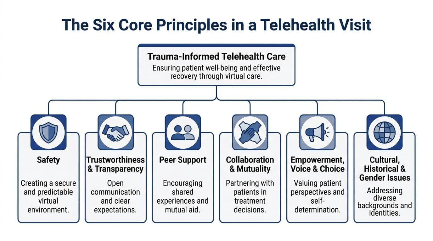 A diagram outlining the six core principles of trauma-informed care in a telehealth visit setting.
