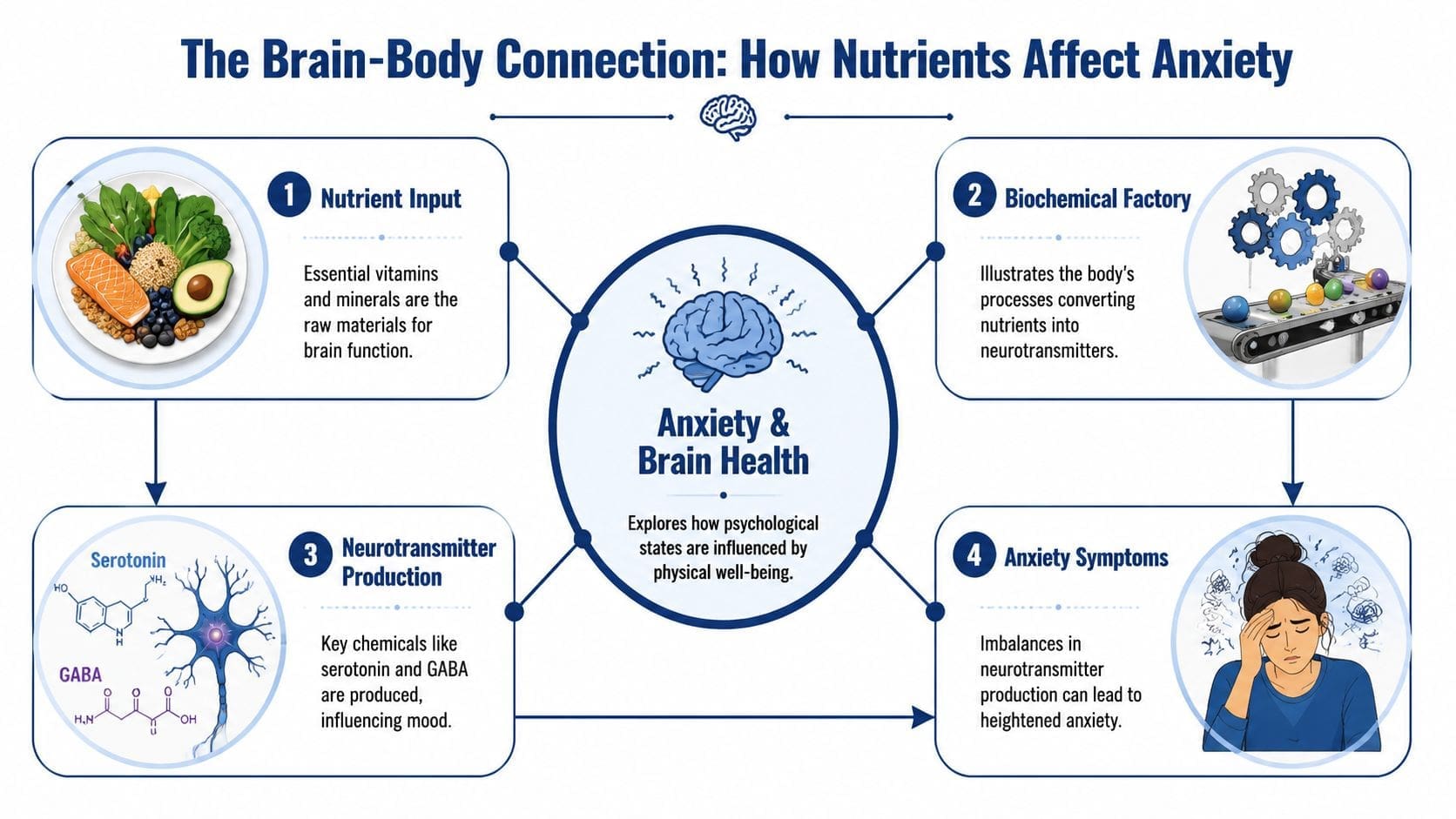 An infographic illustrating the four stages of how nutrient intake, biochemical processing, and neurotransmitters influence anxiety levels.