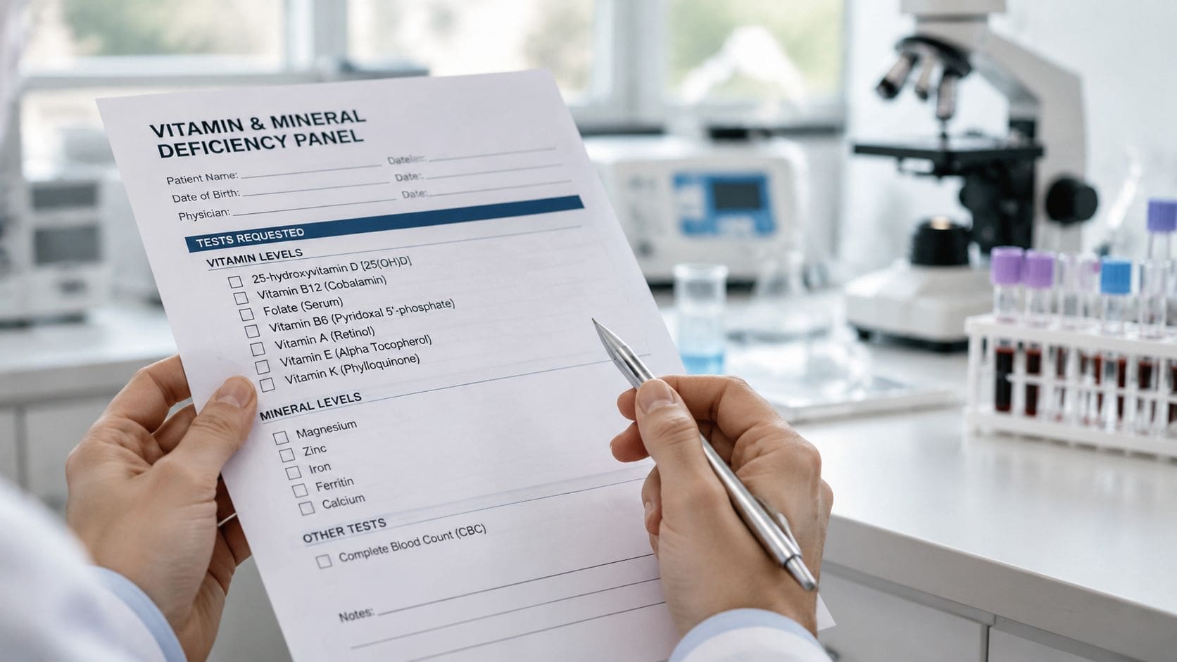 A doctor in a lab coat holds a medical vitamin and mineral deficiency blood test request form.