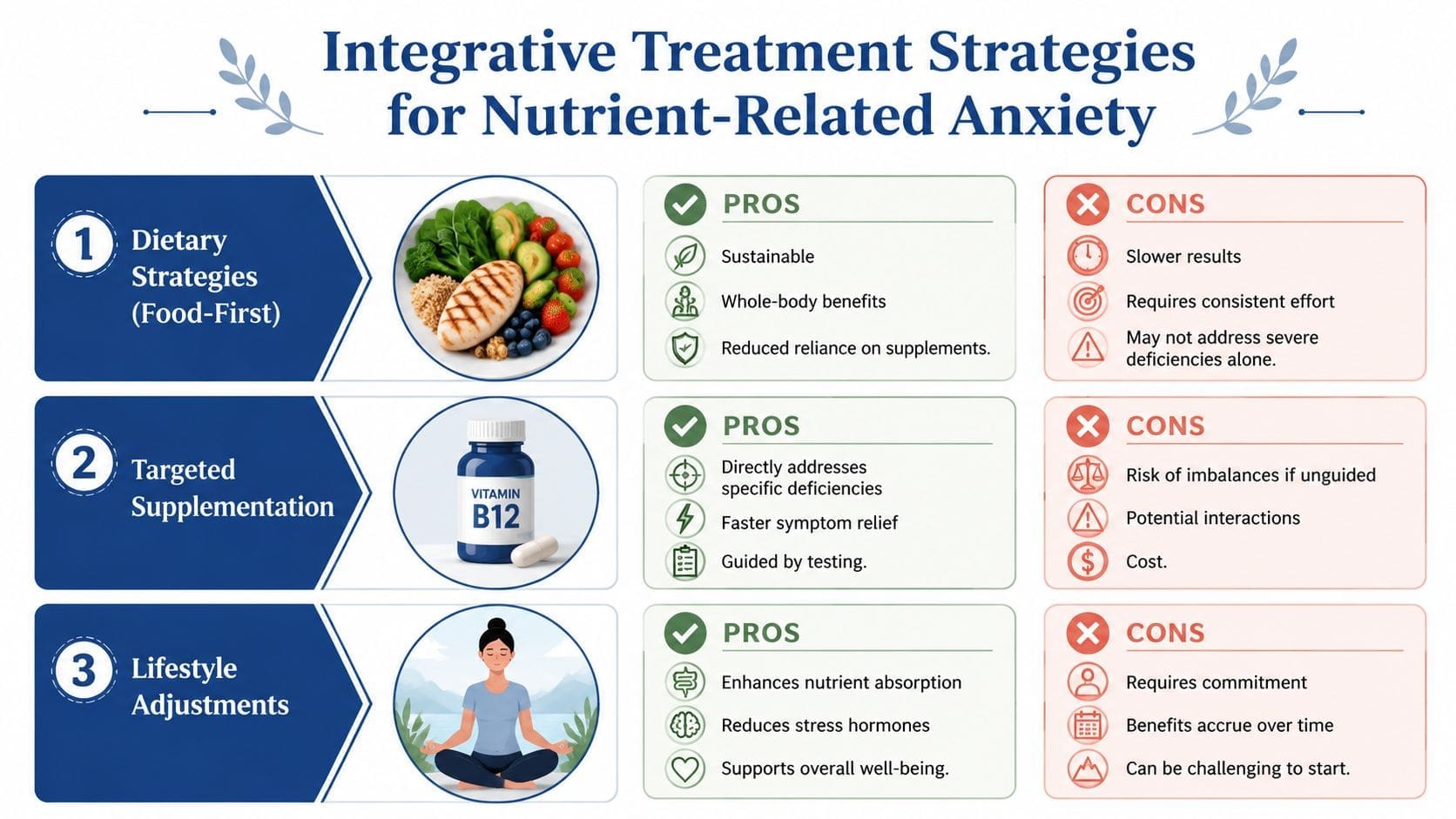 An infographic titled Integrative Treatment Strategies for Nutrient-Related Anxiety, showing dietary changes, supplementation, and lifestyle adjustments with pros and cons.