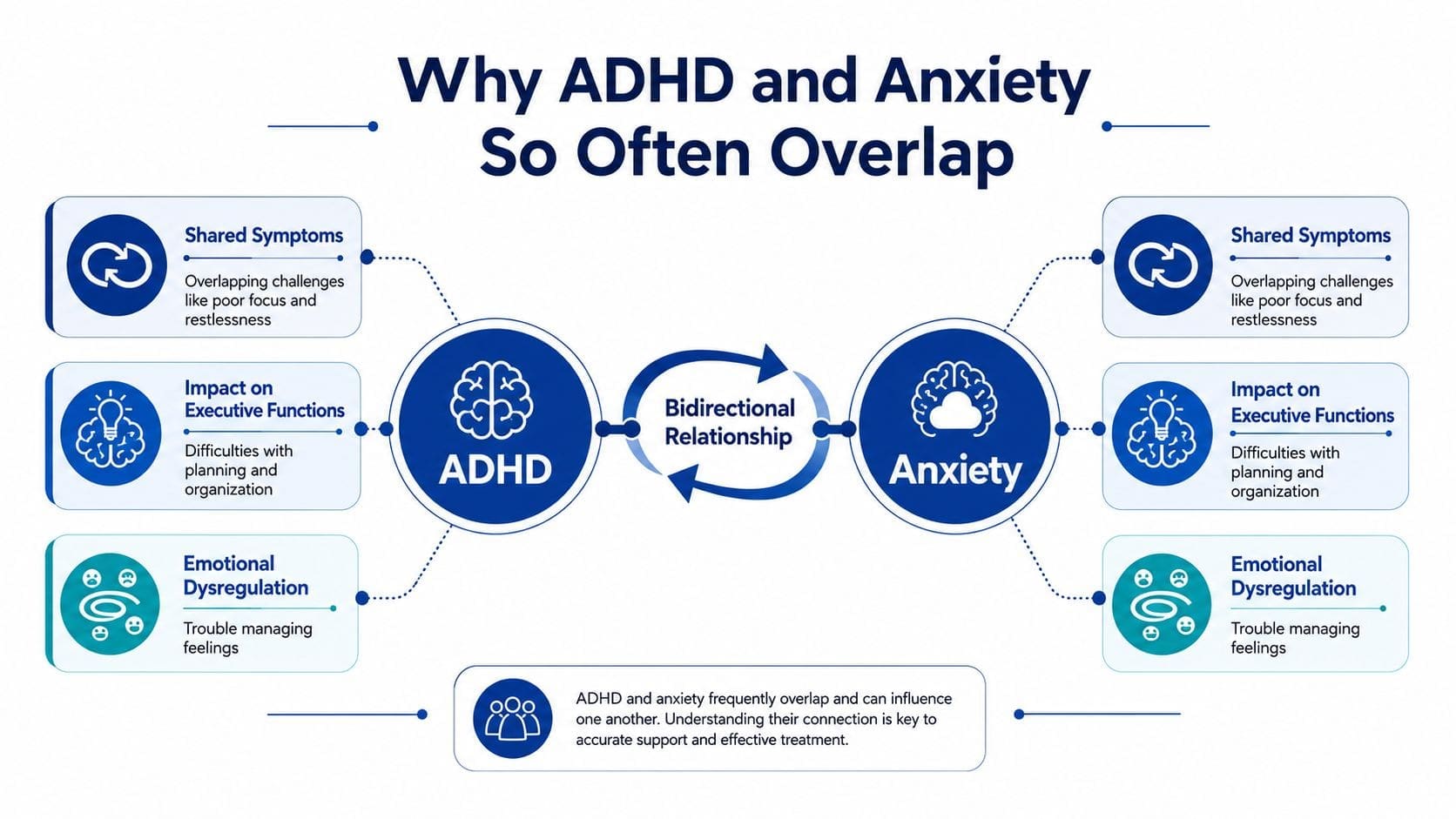 A diagram explaining the bidirectional relationship and shared symptoms between ADHD and anxiety in adults.