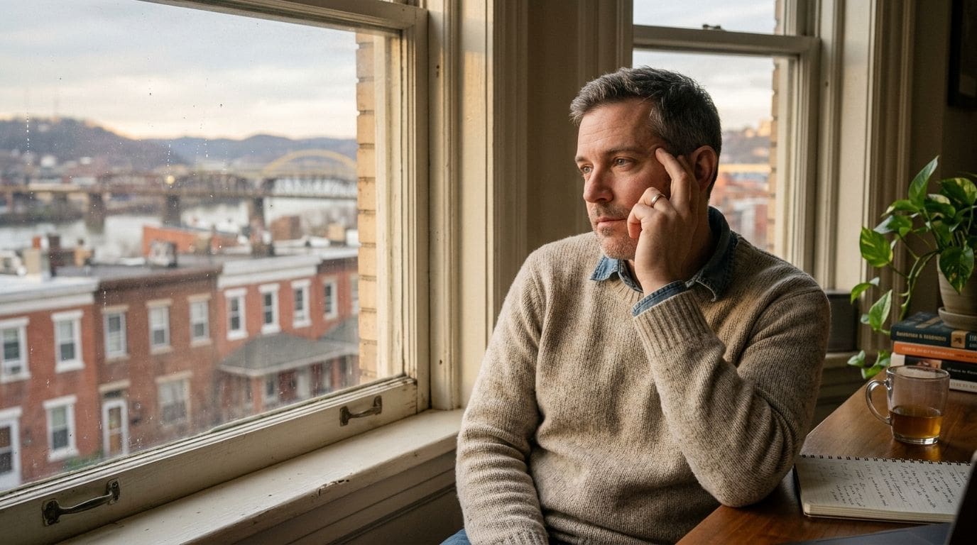 A contemplative man sitting by a window in a home office overlooking a city scene.