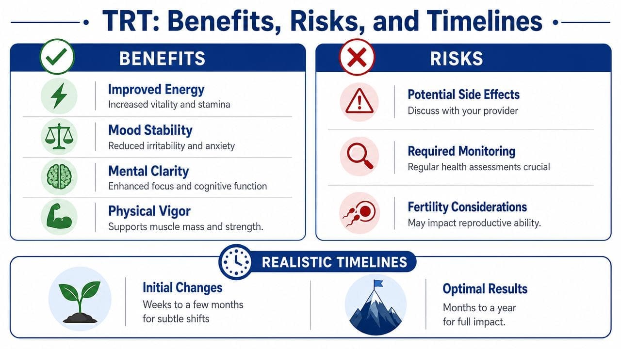 An infographic showing the benefits, risks, and realistic timelines associated with testosterone replacement therapy for patients.