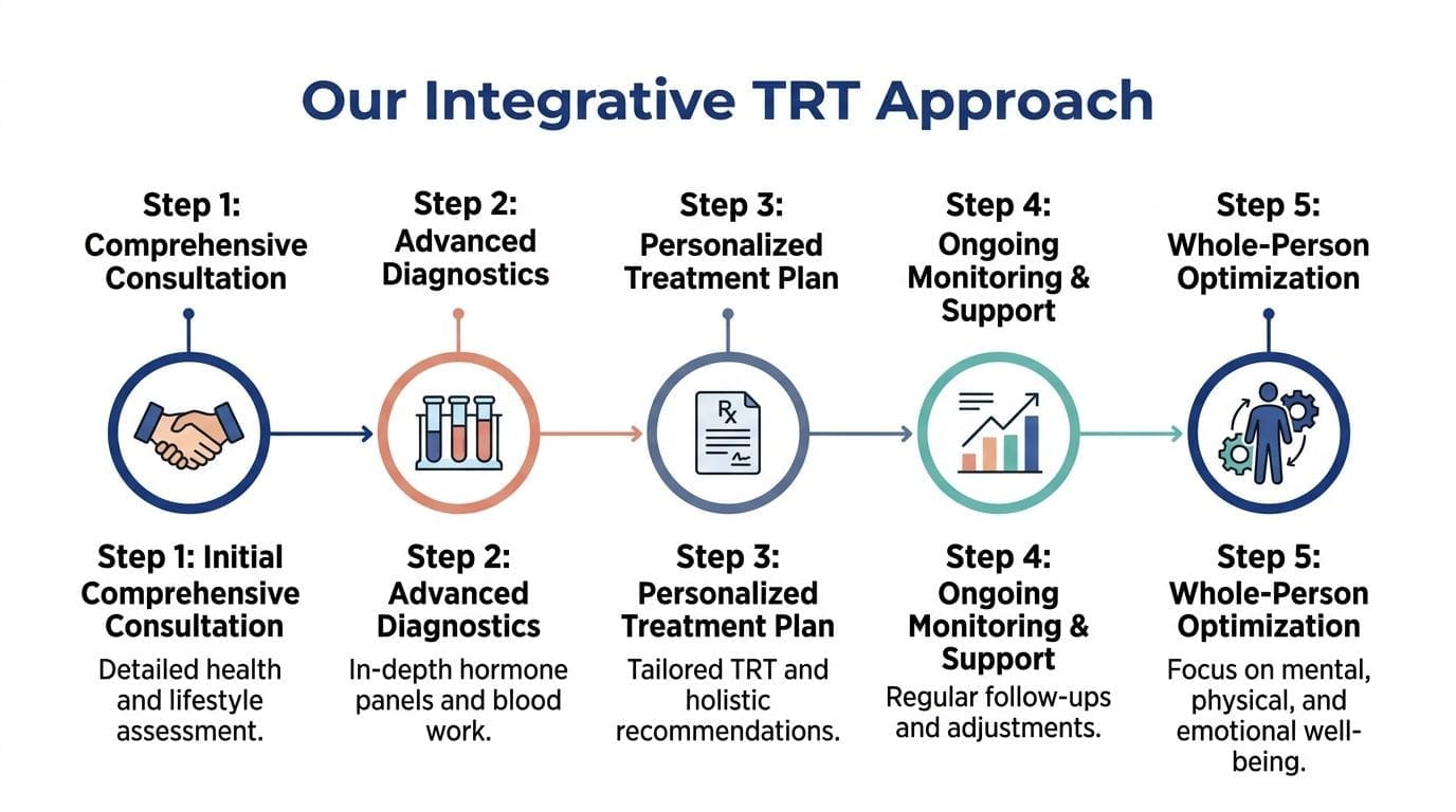 A five-step flowchart outlining an integrative testosterone replacement therapy process for personal health and wellness optimization.