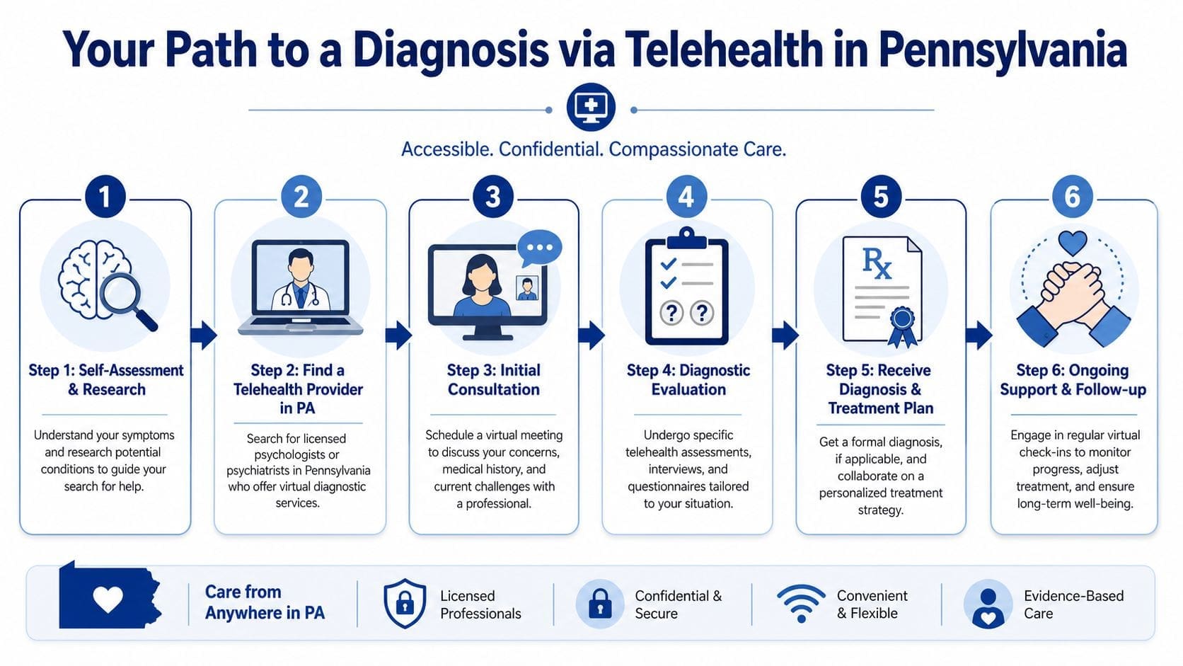 A six-step infographic outlining the process for obtaining a mental health diagnosis through telehealth services in Pennsylvania.