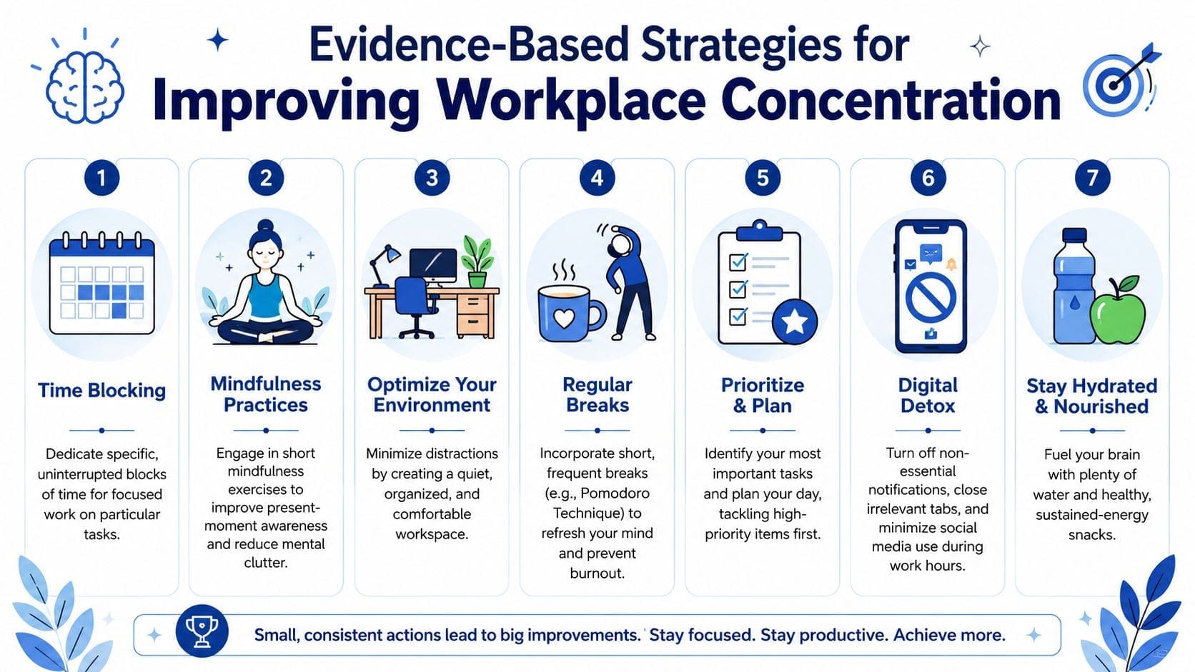 A visual guide outlining seven evidence-based strategies to improve concentration and focus in the workplace environment.