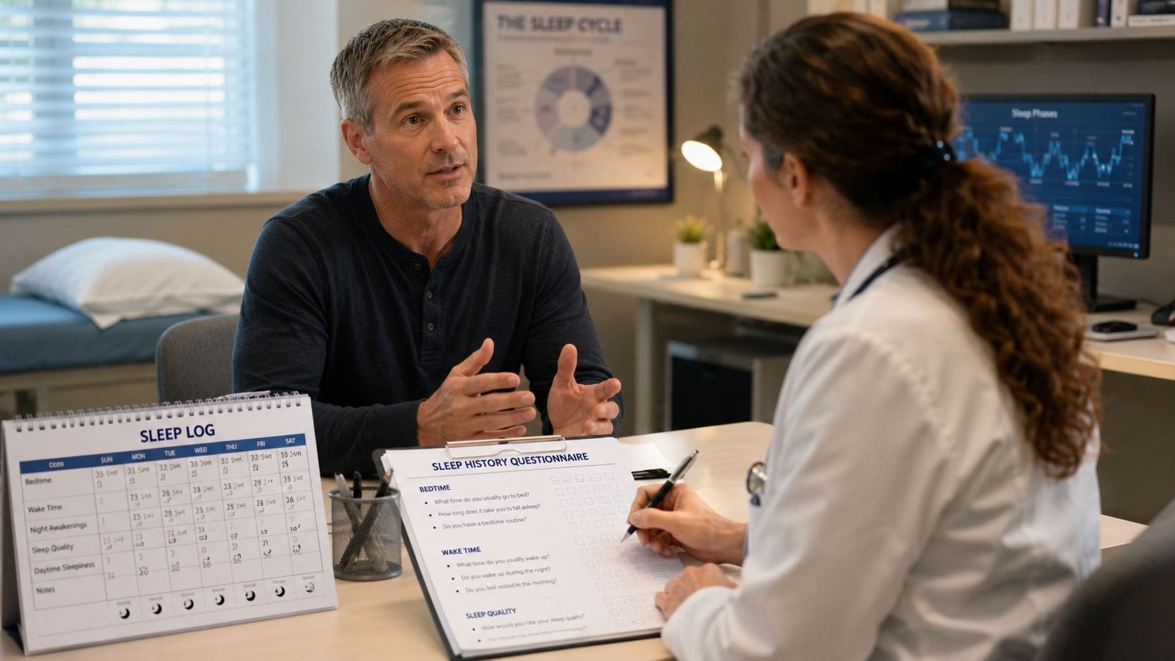 A middle-aged man consults with his doctor about sleep habits using a sleep log and questionnaire.