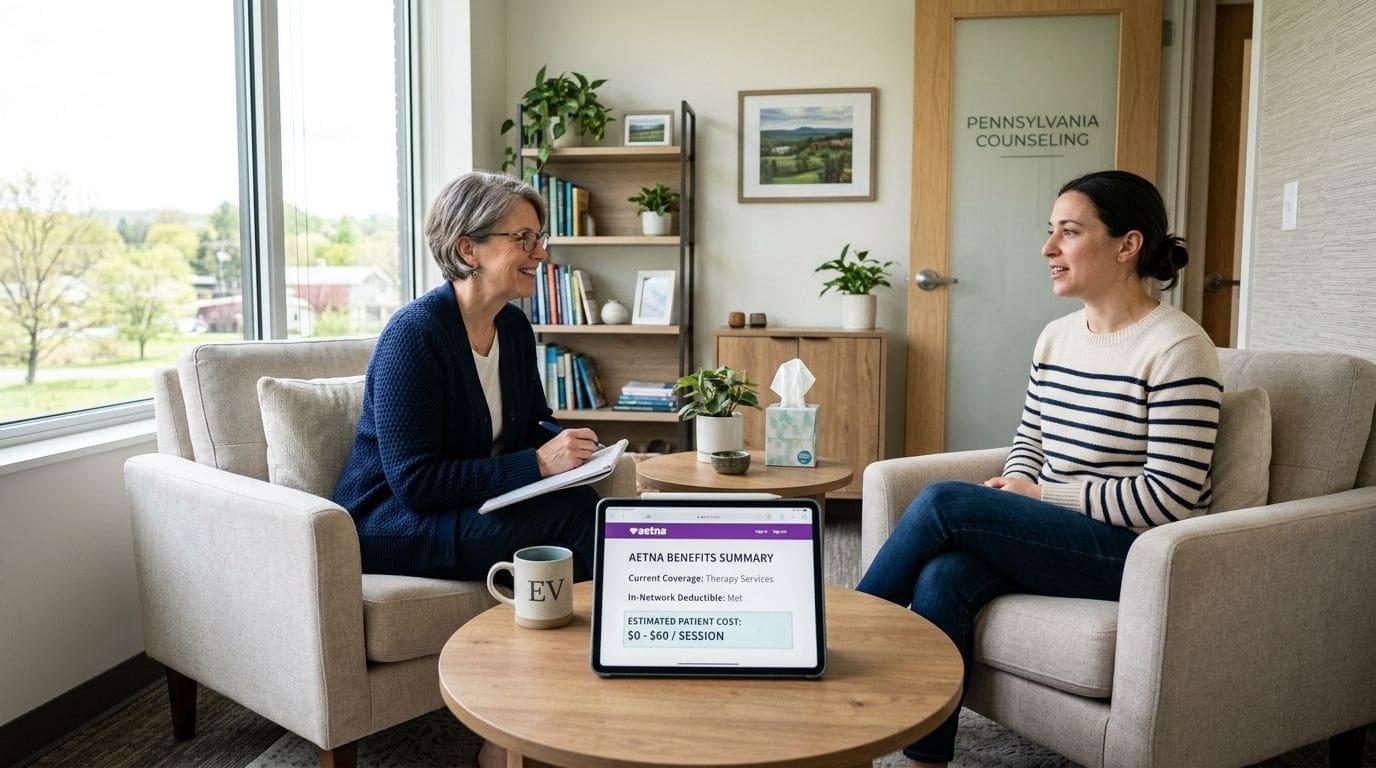 A therapist listens to a patient in an office with an Aetna insurance benefits summary displayed on a tablet.