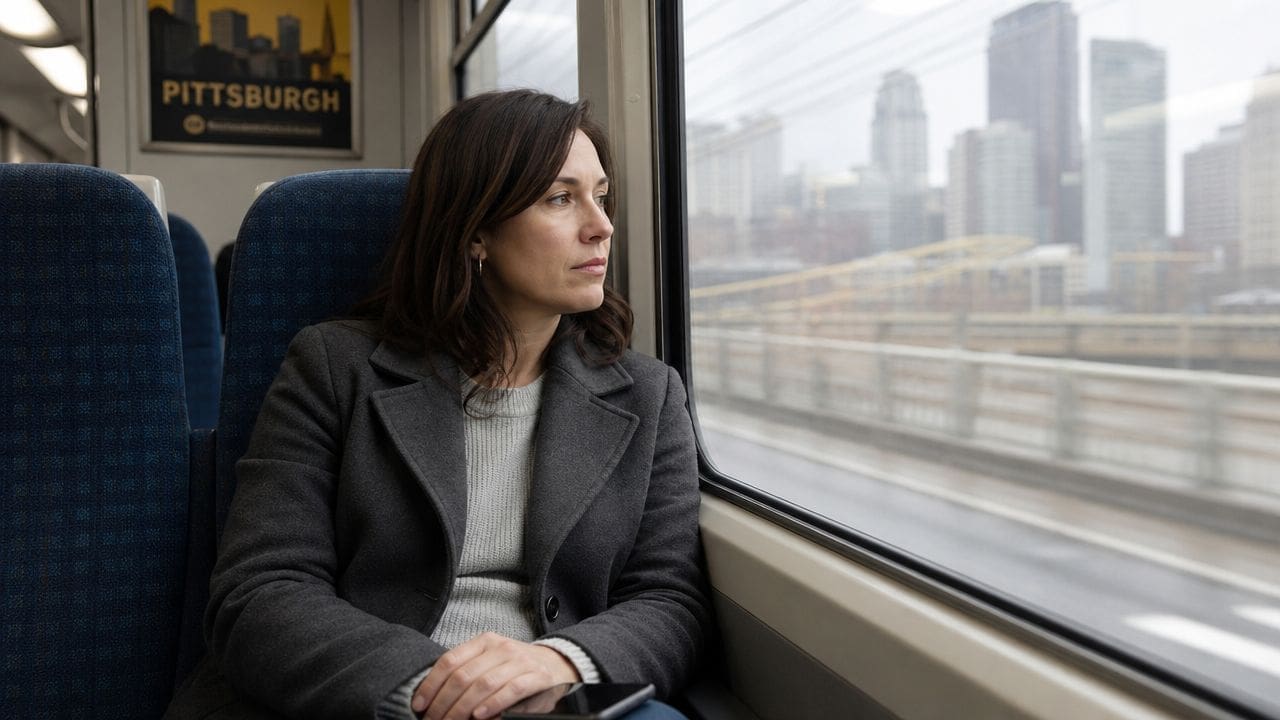 A pensive woman in a gray coat gazes out of a train window at a city skyline.