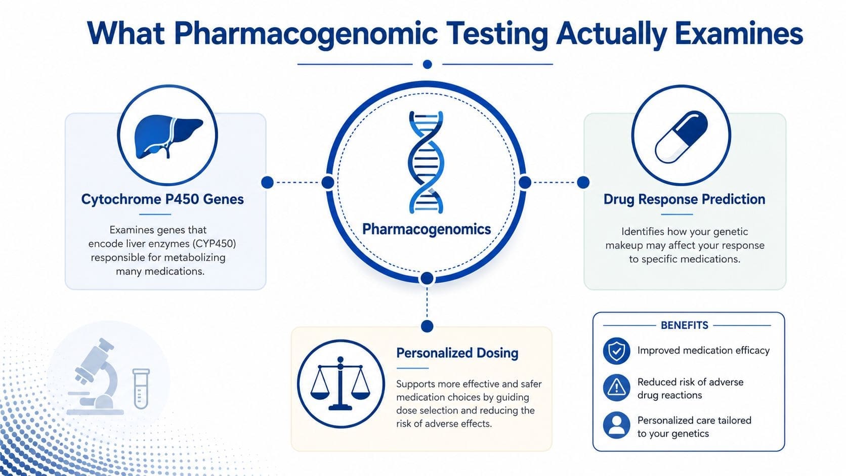 An infographic explaining how pharmacogenomic testing analyzes genetic factors to optimize medication dosing and treatment efficacy.