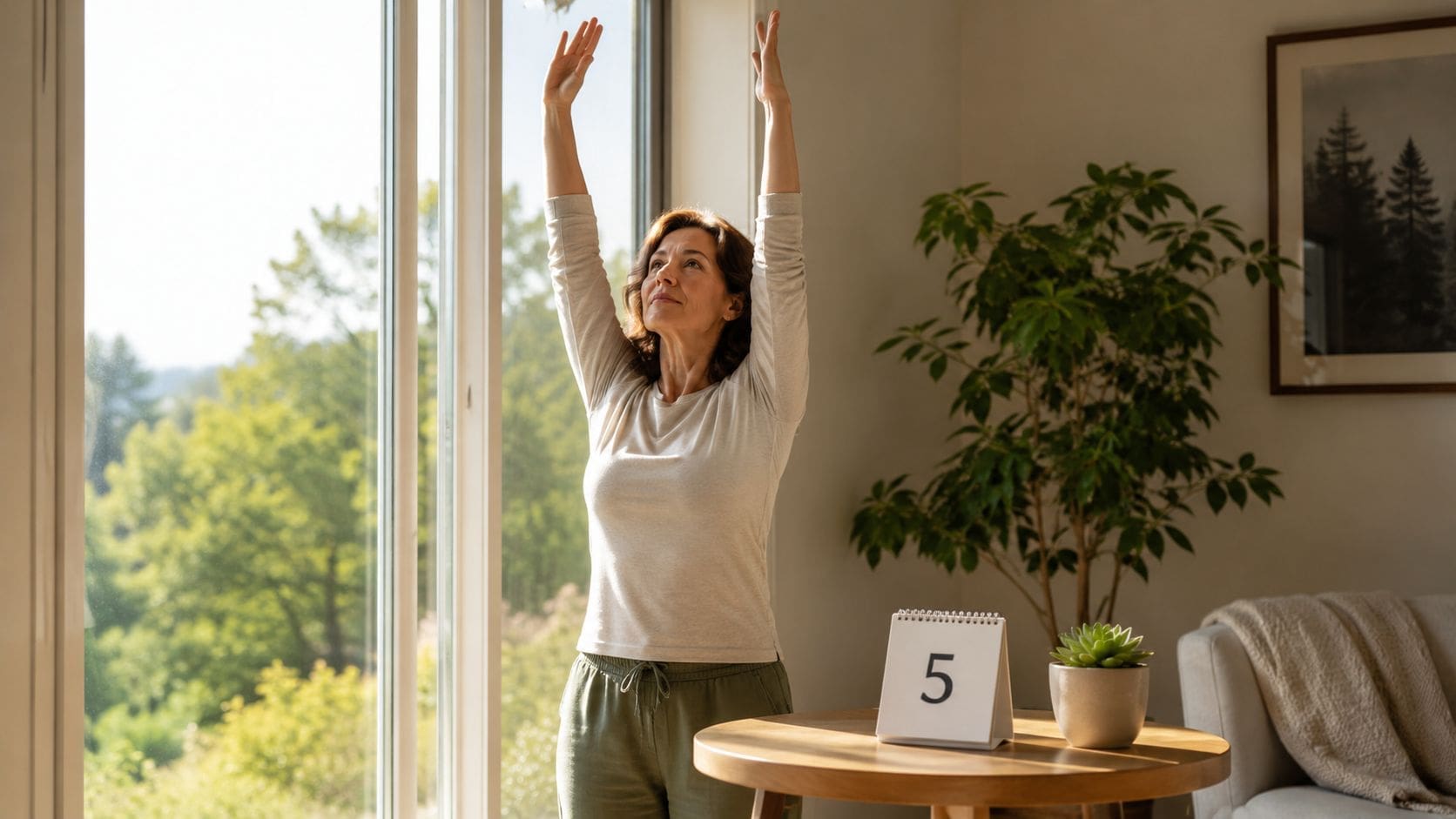 A woman stands by a sunny window performing a grounding stretching exercise with her arms raised high.