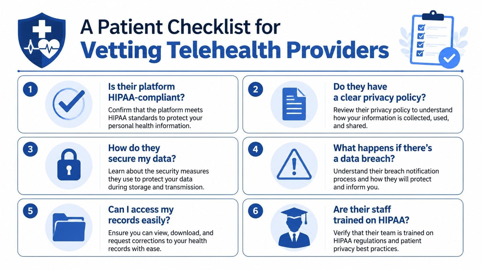 A checklist infographic titled A Patient Checklist for Vetting Telehealth Providers, listing six essential privacy considerations.