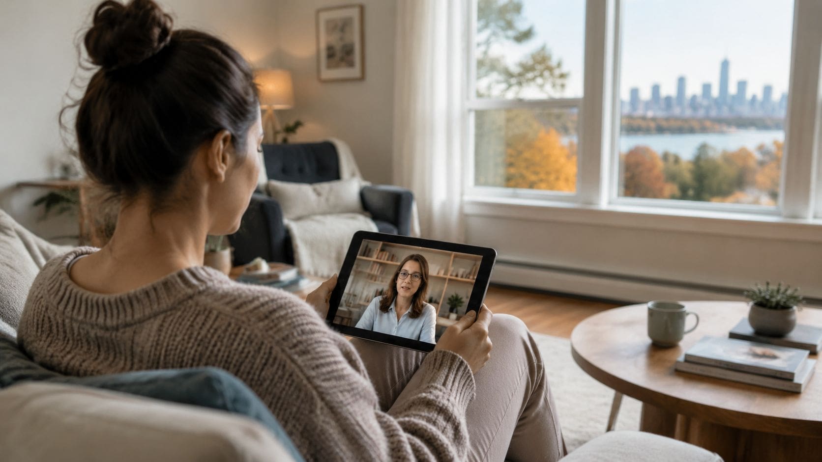 A woman sitting on a couch at home having a telehealth video call on her tablet device.