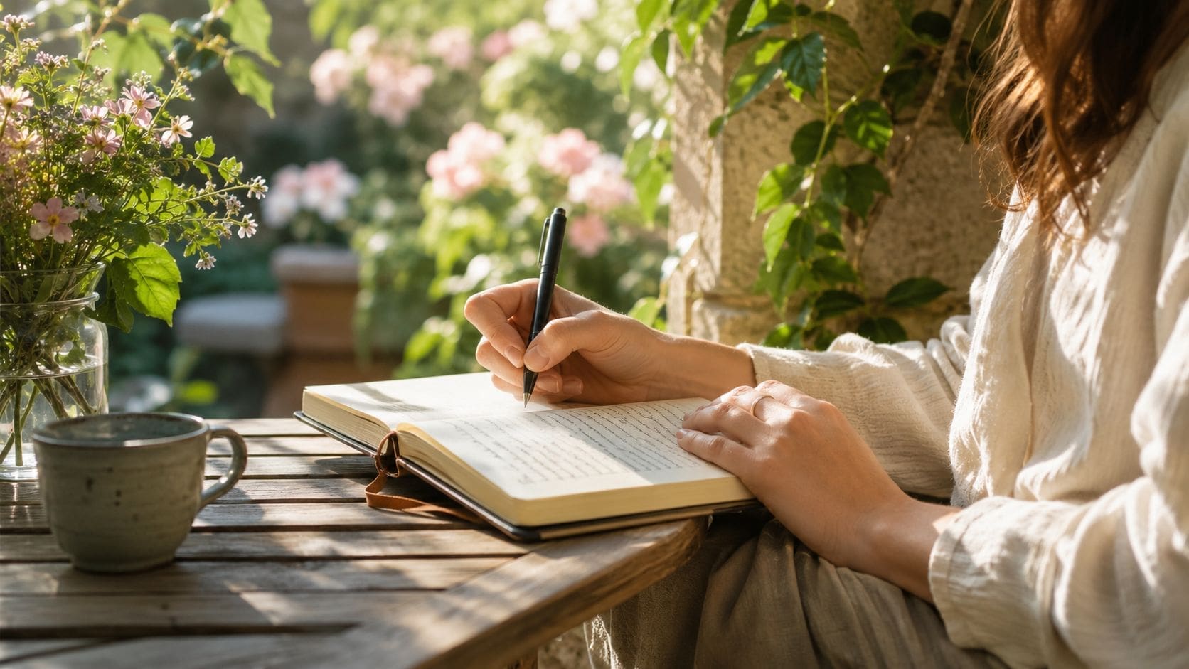 A woman writing in a journal at a sunlit wooden table surrounded by flowers and greenery.