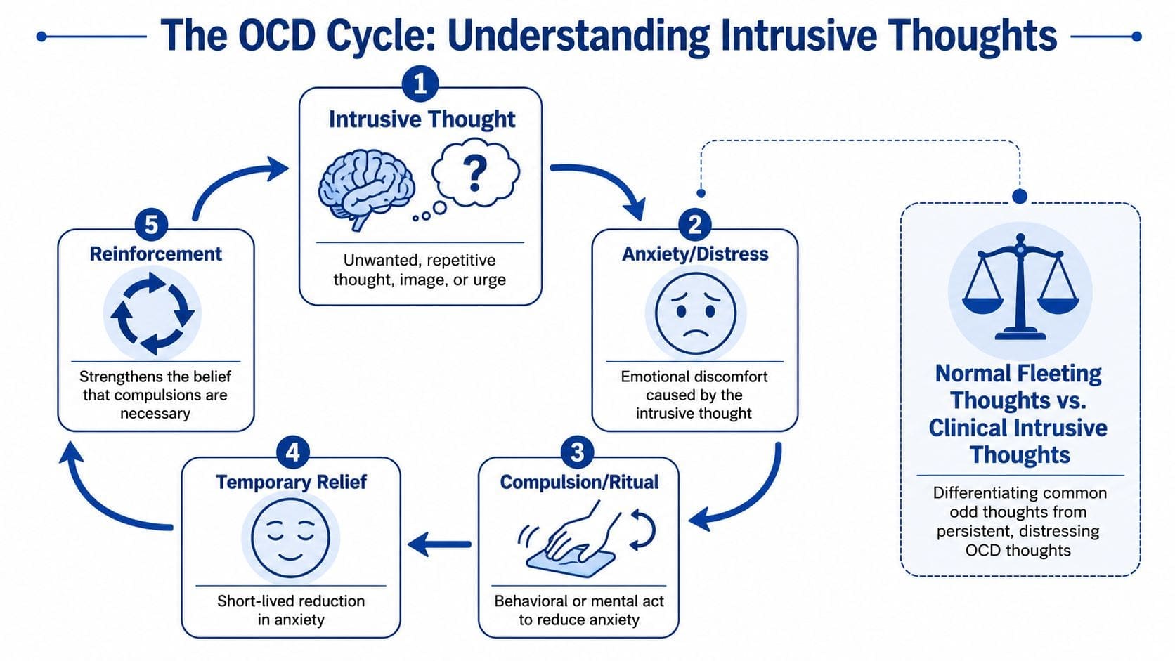 A diagram illustrating the five-stage cycle of obsessive-compulsive disorder involving intrusive thoughts, anxiety, rituals, and reinforcement.