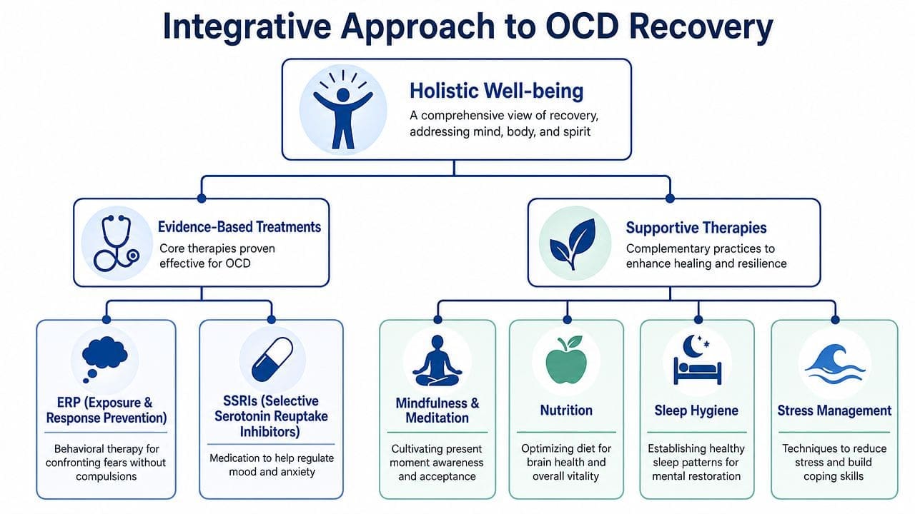 A diagram outlining an integrative approach to OCD recovery, categorizing evidence-based treatments and supportive therapies.