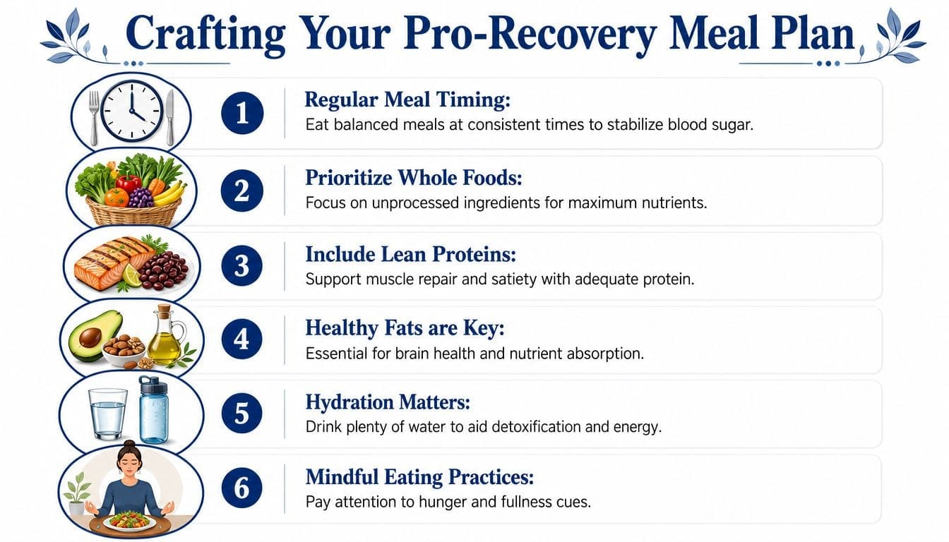 A six-step infographic on crafting a pro-recovery meal plan, emphasizing healthy eating habits for addiction recovery.