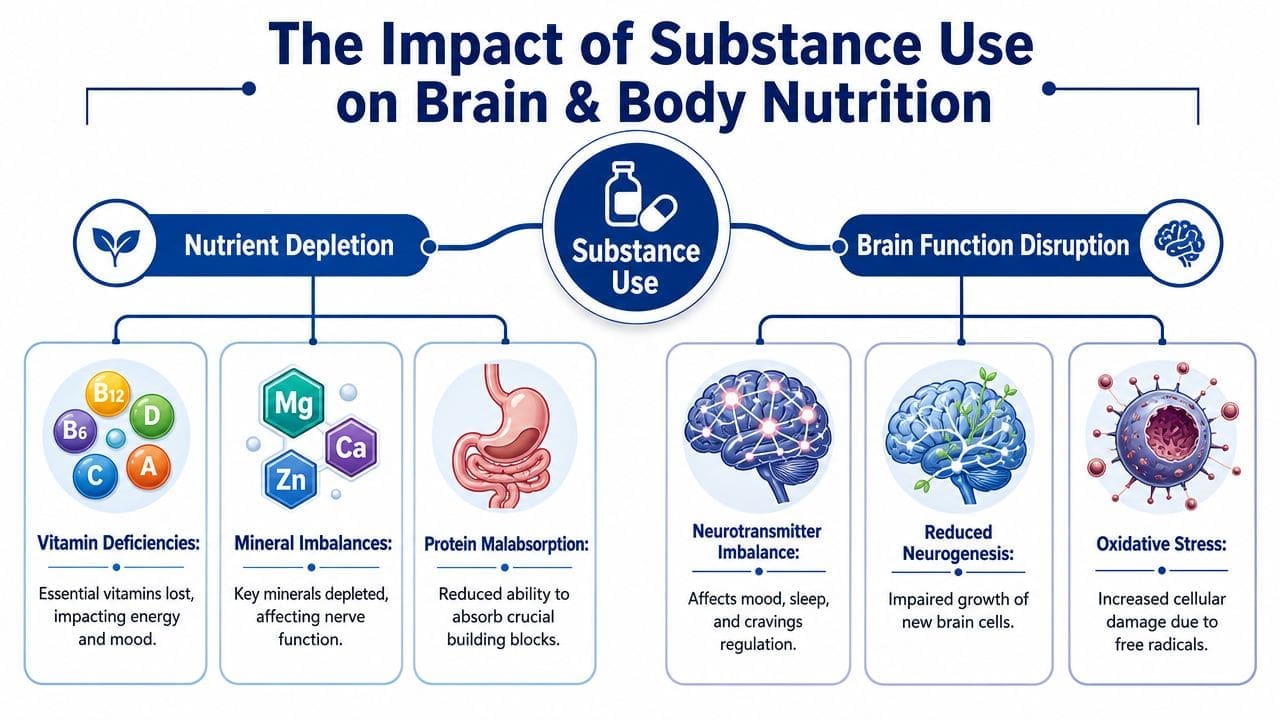 A diagram illustrating how substance use leads to nutrient depletion and brain function disruption in the body.