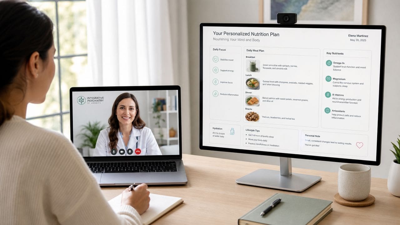 A woman participating in a telehealth consultation with a doctor while reviewing a personalized nutrition plan.