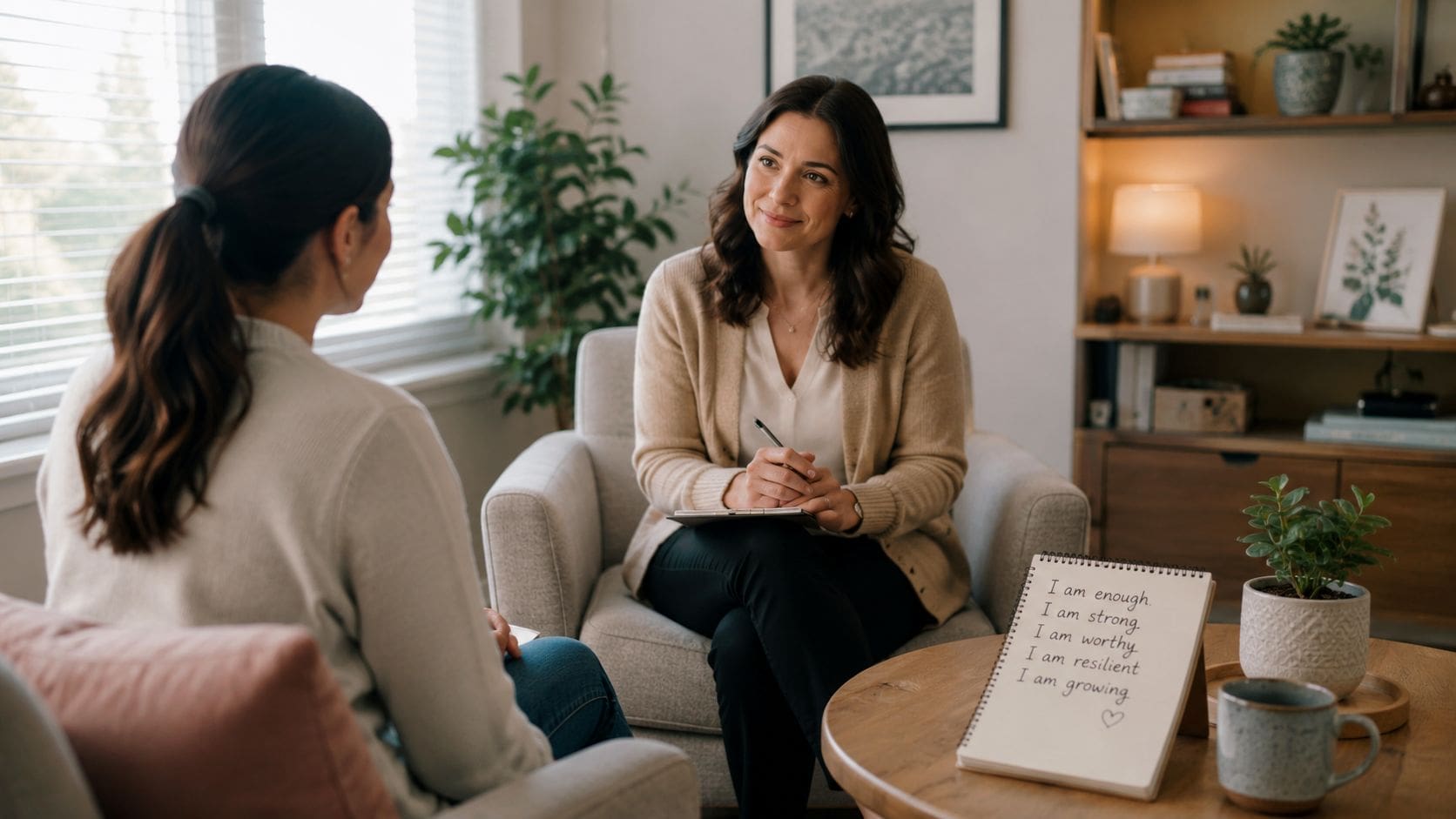 A professional therapist listening to a patient during a counseling session in a warm office environment.