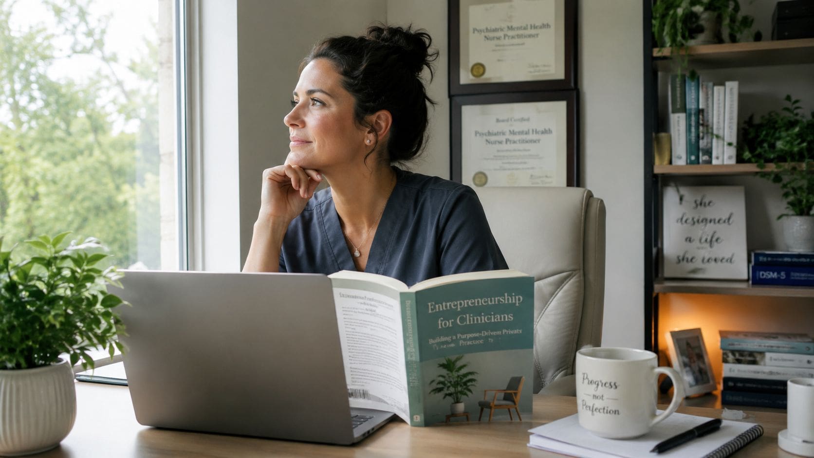 A professional woman looking out a window while reading a book on entrepreneurship for clinicians in an office.